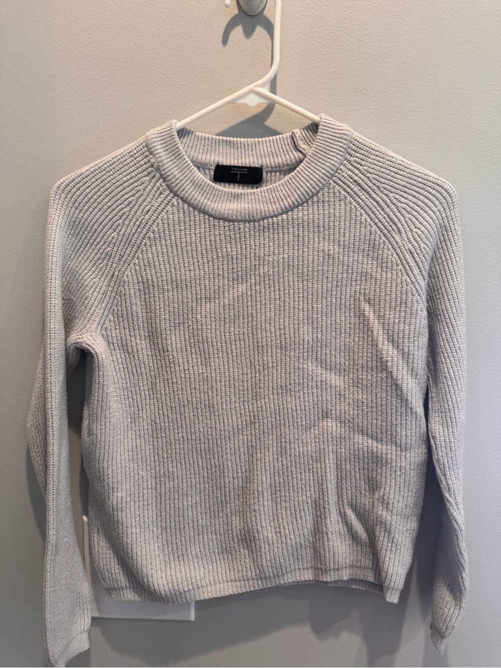 Tahari Light Gray Ribbed Crewneck Sweater